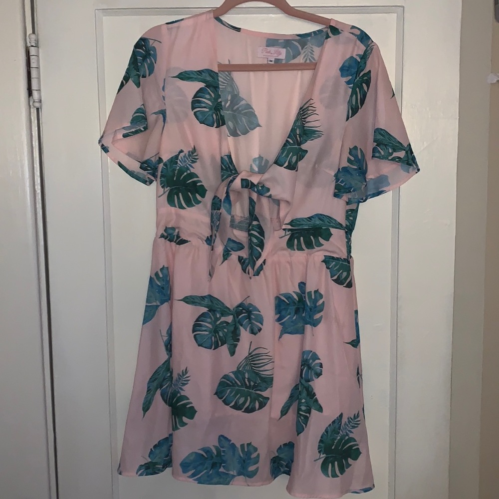 Pink Lily tie front short dress pink with green leaves, medium